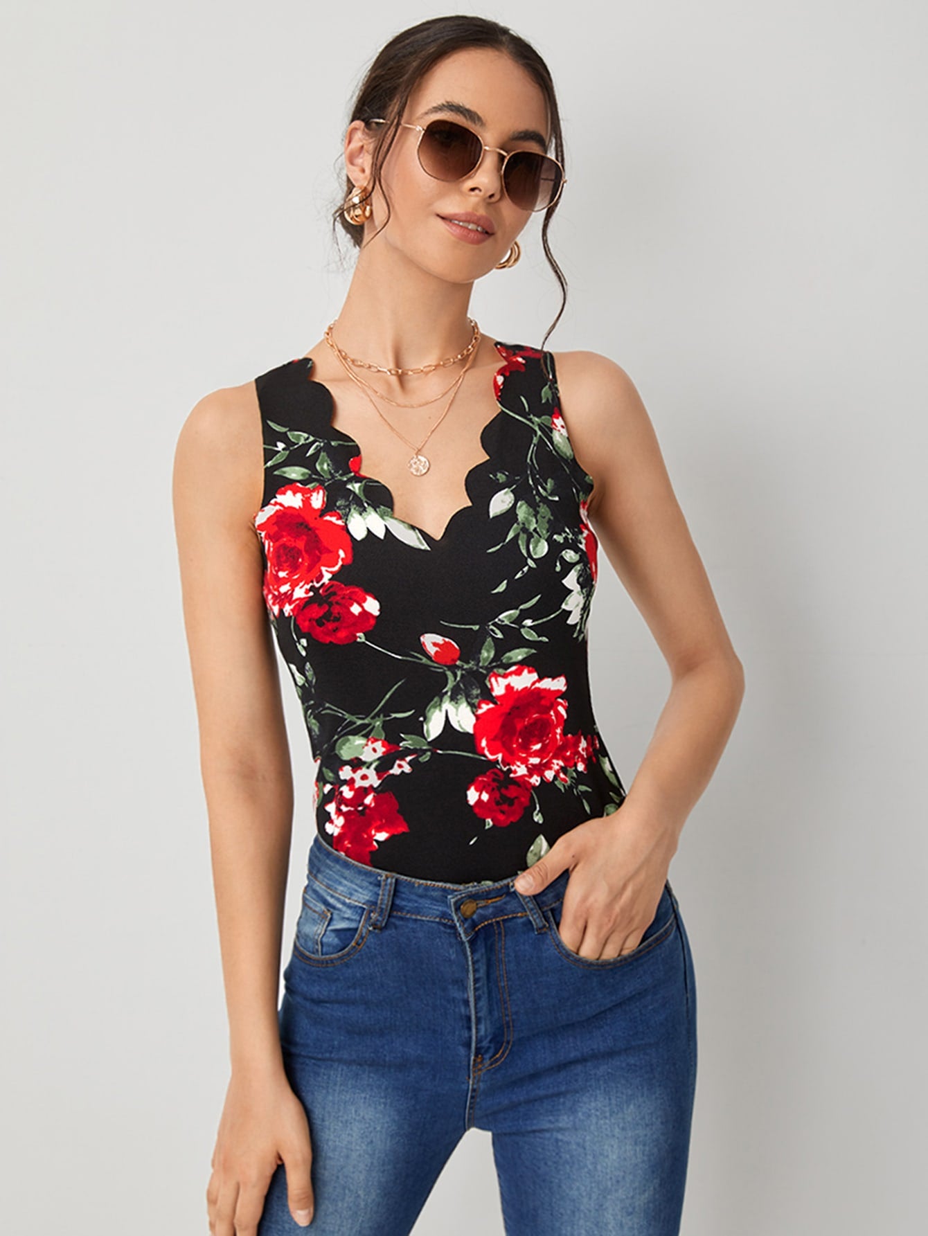 Floral Print Tank Crop Top Scallop Trim  Yellow Top