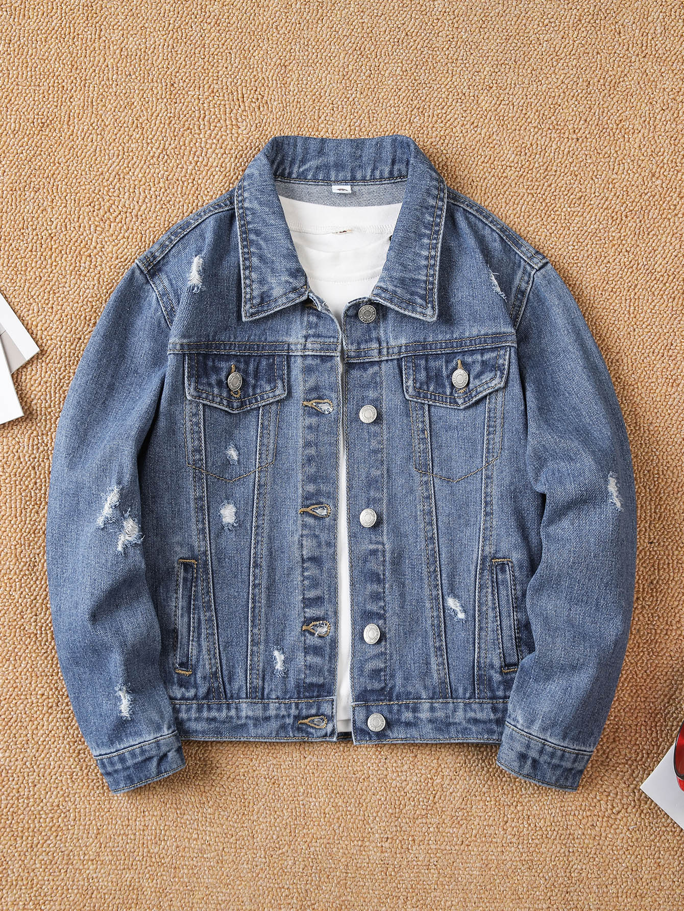 Tween Boy Ripped Frayed Denim Jacket Without Tee