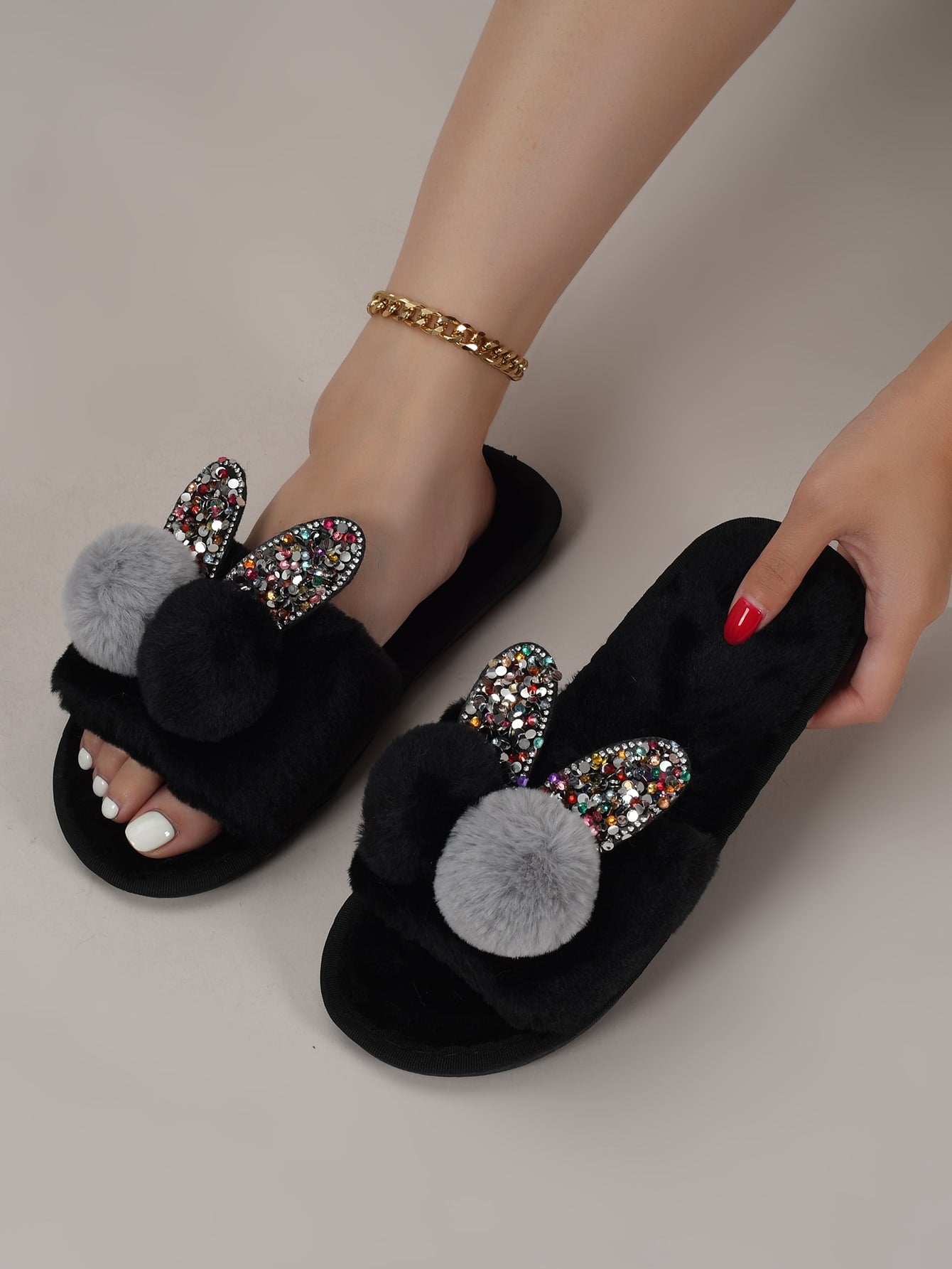 Women Bow Pom Pom Decor Rhinestone Slippers,  Fashionable Open Toe Slippers For Bedroom