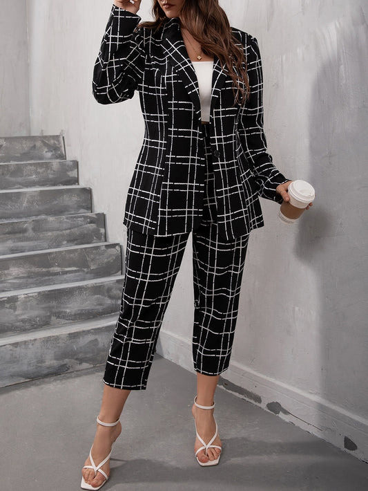 Plus Plaid Button Front Blazer & Pants