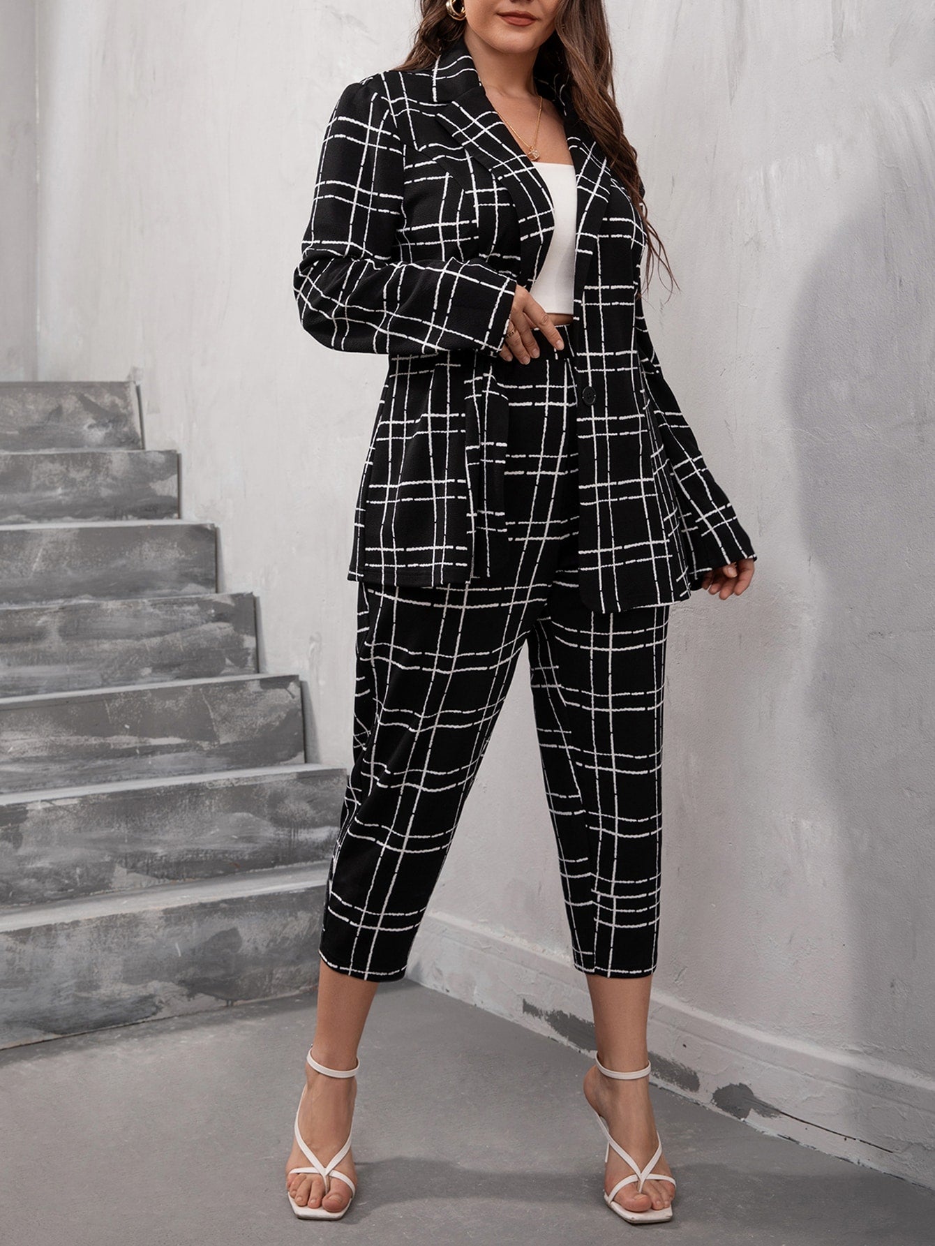 Plus Plaid Button Front Blazer & Pants