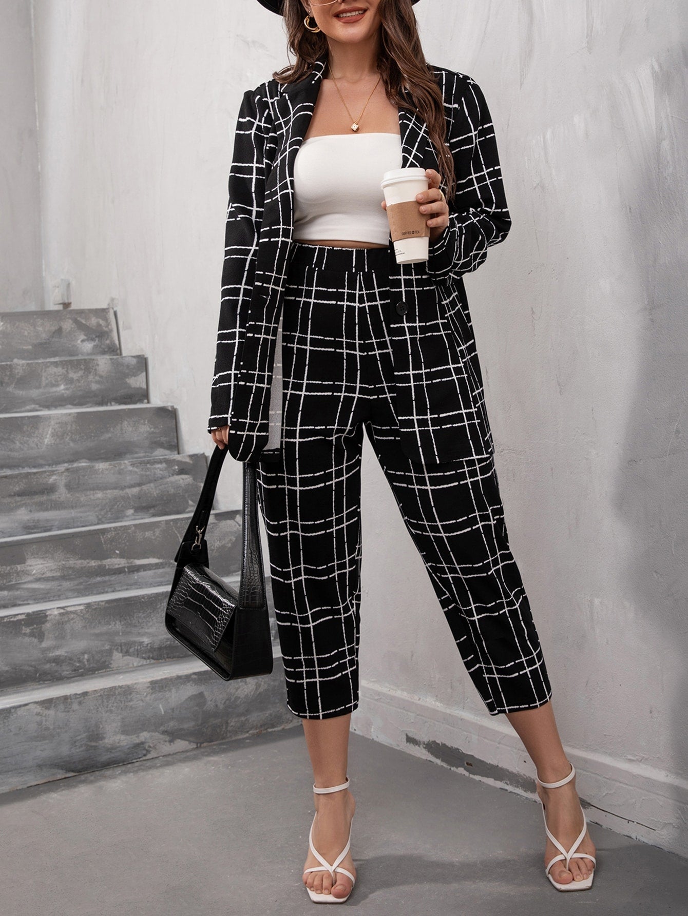 Plus Plaid Button Front Blazer & Pants