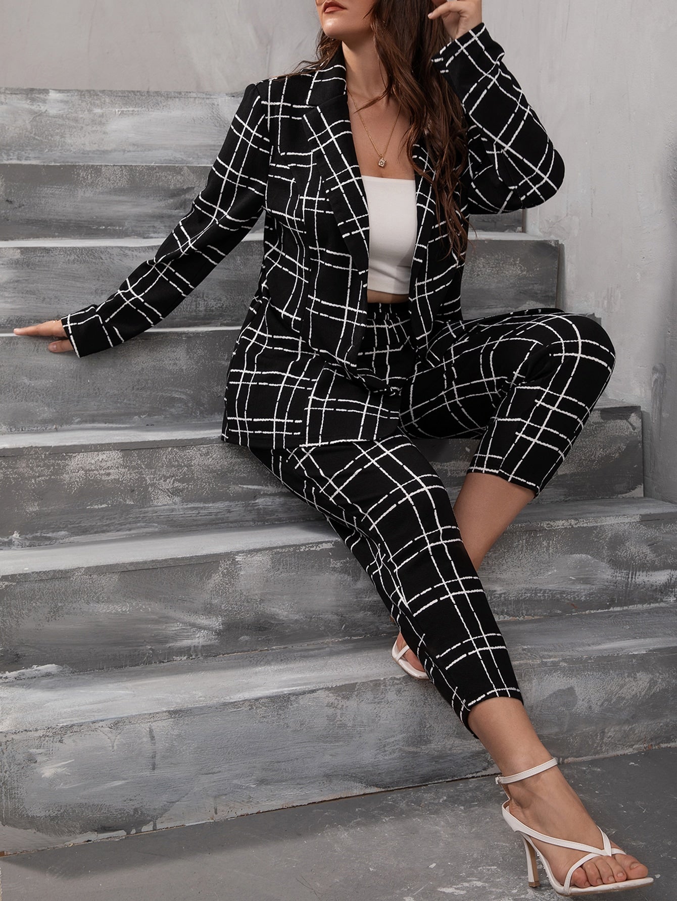 Plus Plaid Button Front Blazer & Pants