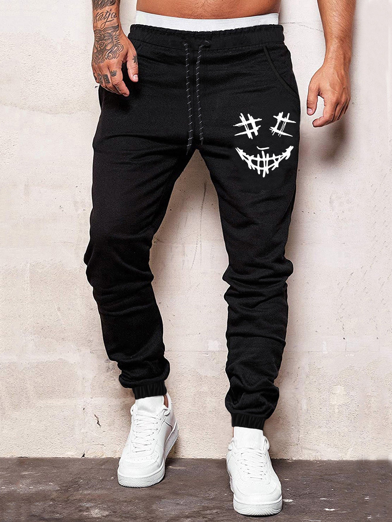 Loose Fit Men's Cartoon Printed Jogger Pants With Drawstring Waist Sweat Pant Plain Black Going Out Fashion Boyfriend Gift