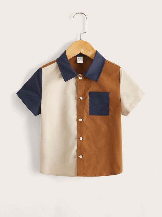 Young Boy Comfortable And Artistic Color Block Patchwork Button Front Shirt