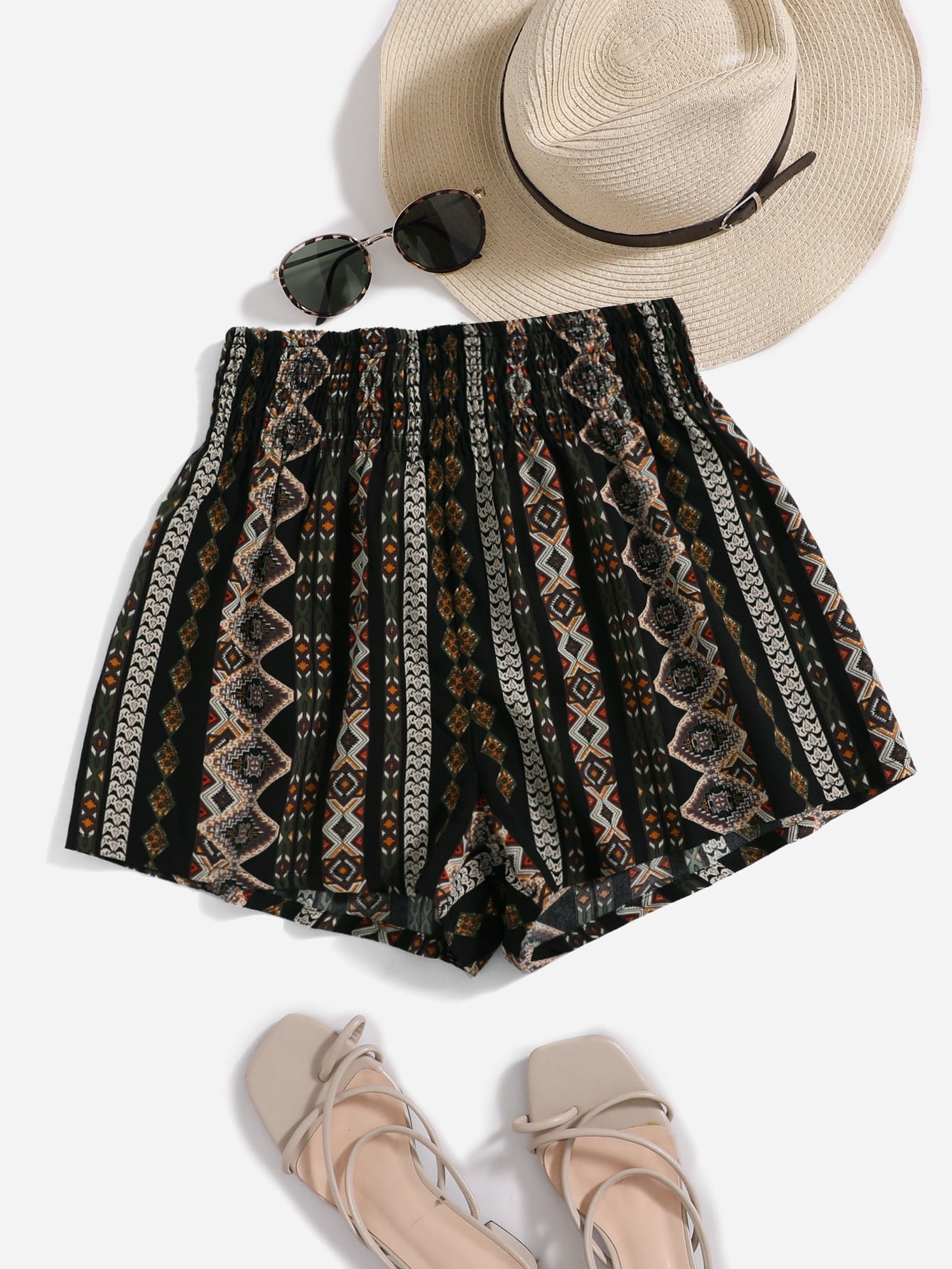 Shirred Waist Geometric Print Summer Casual Beach Women High Waisted Black Shorts