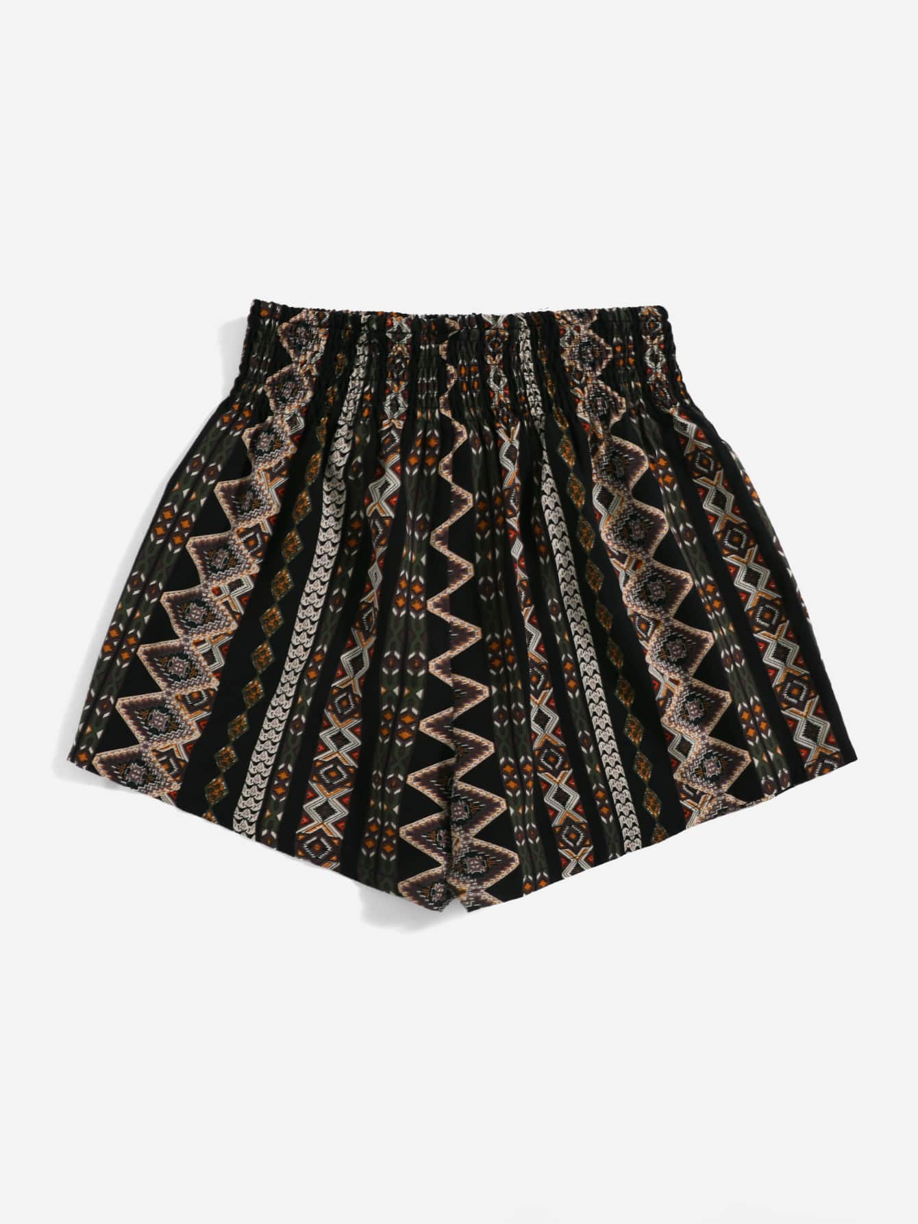 Shirred Waist Geometric Print Summer Casual Beach Women High Waisted Black Shorts