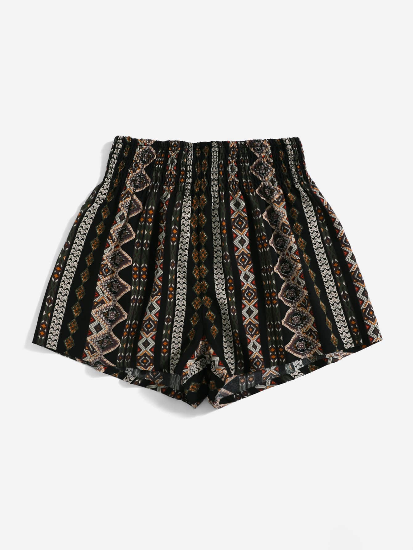 Shirred Waist Geometric Print Summer Casual Beach Women High Waisted Black Shorts