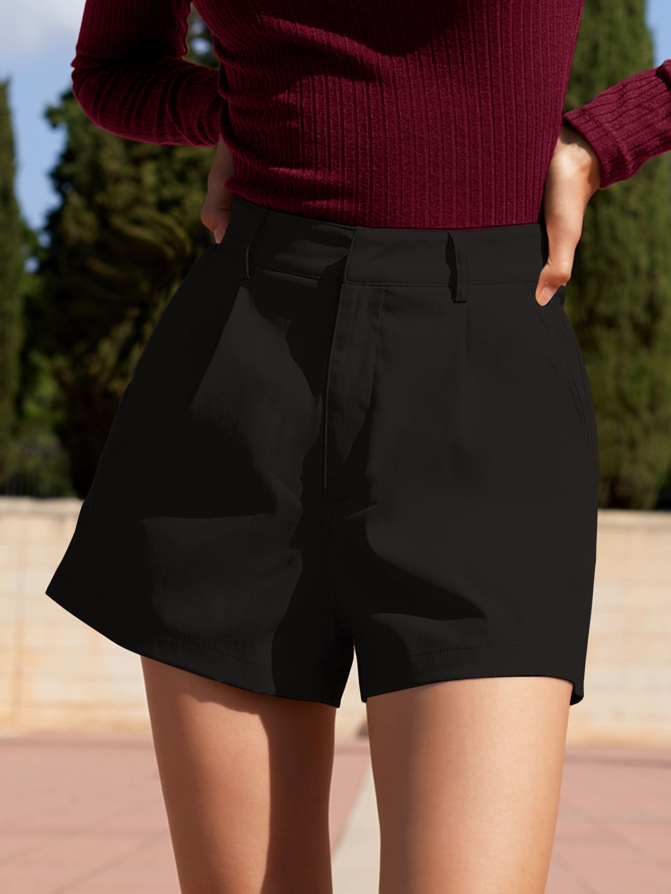 Solid Color Pleated Minimalist Pocket Shorts, Casual Daily Wear