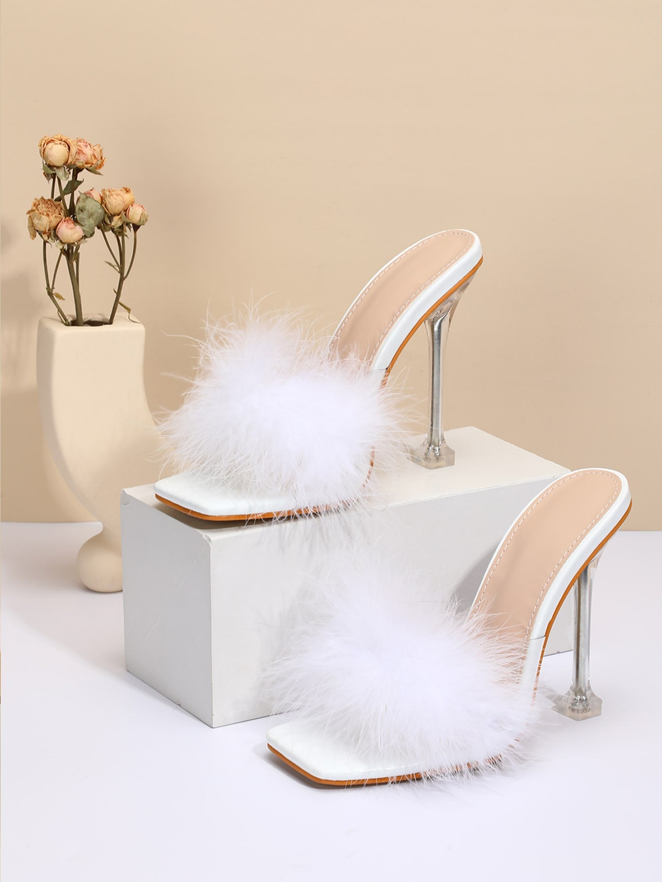 Women Fluffy Clear Strap Stiletto Heeled Sandals, Glamorous PVC Mule Sandals For Summer