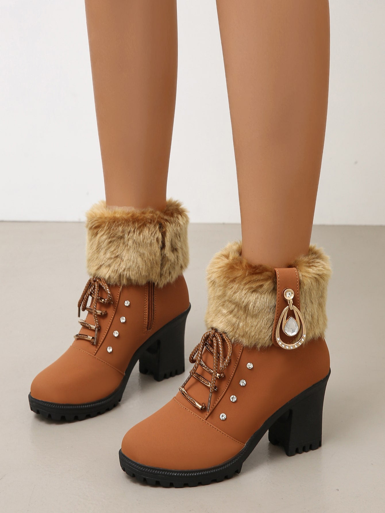 Women's New Style Brown Oversize High Heel Collar Fur Single Boot, Belt Buckle, Round Toe, Chunky Heeled Ankle Boots With Rhinestone Decor