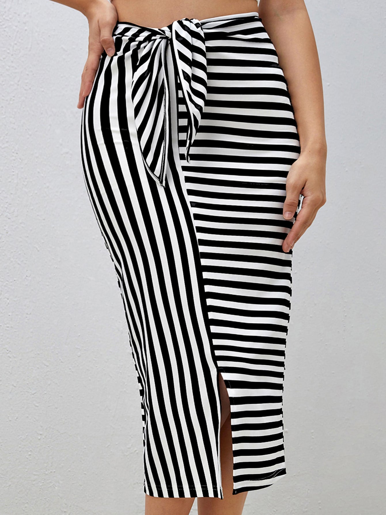 Striped Print Belted Split Hem Pencil Skirt