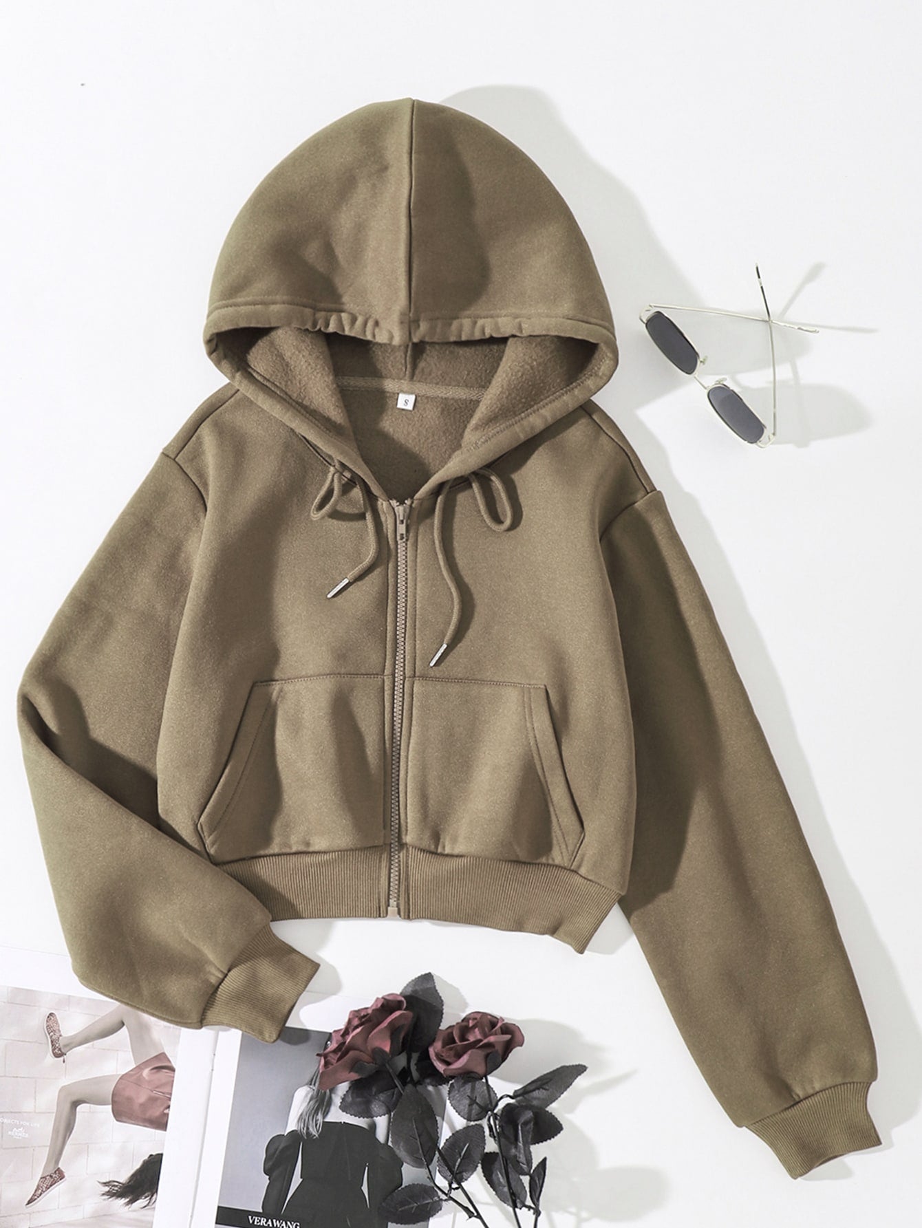 Solid Drawstring Zip Up Thermal Lined Crop Hoodie