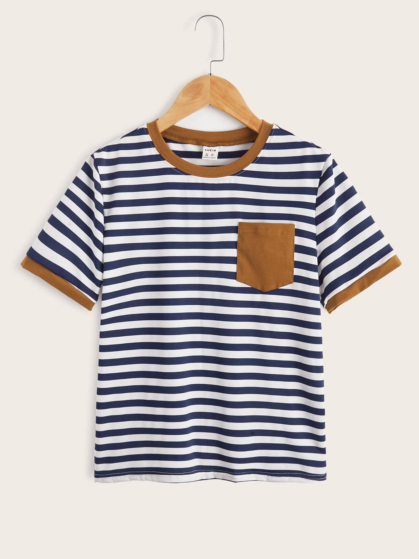 Tween Boys' Striped Pocket Patchwork Trim T-Shirt With Simple Casual Style, Suitable For Daily Wear In Summer