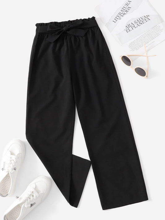 Tween Girl New Fashion All-Match Black Straight Leg Pants With Bow Belt, Suitable For Four Seasons And Daily Wear