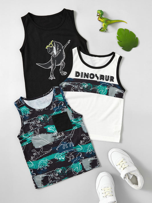 Young Boy 3pcs Letter & Dinosaur Print Patched Pocket Tank Top