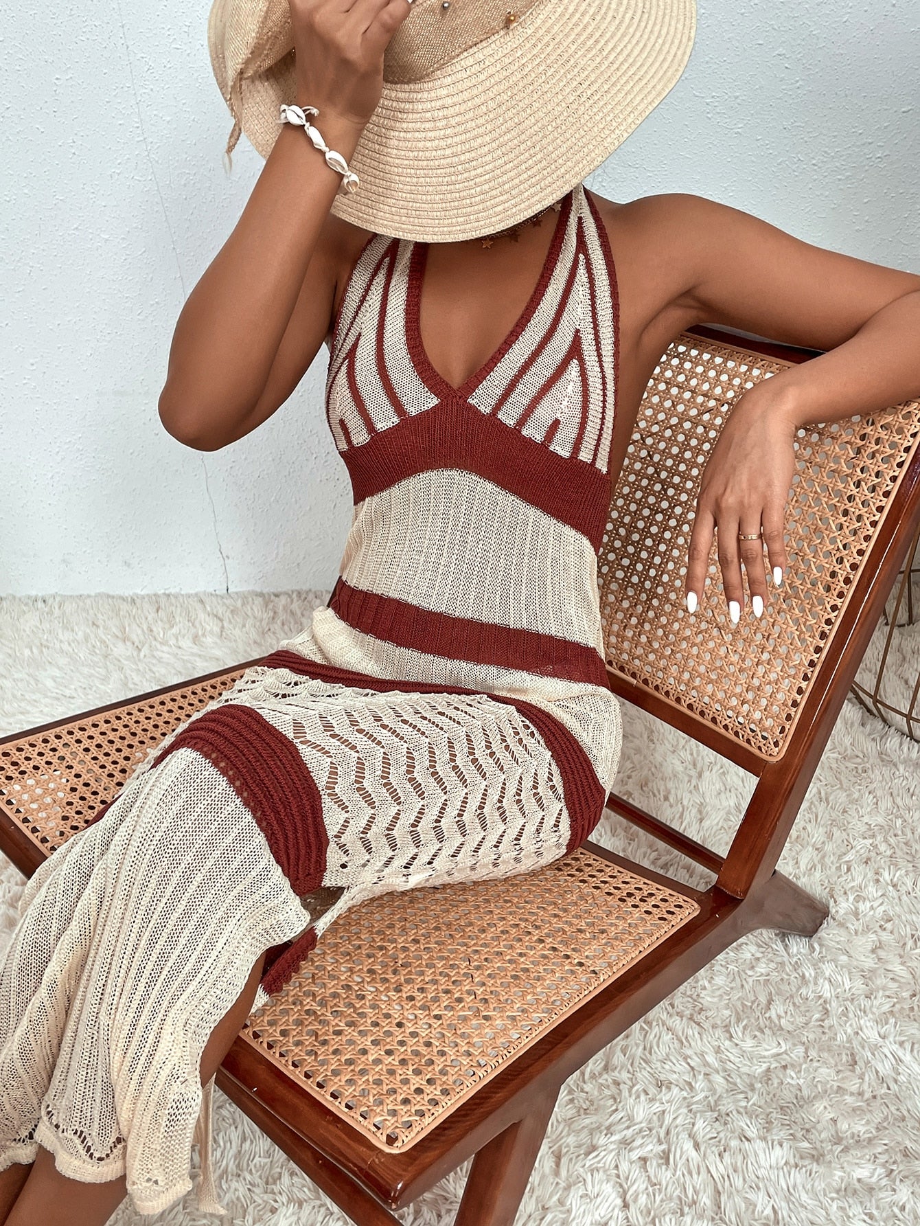 Swim Summer Beach Color Block Slit Knitted Cover Up