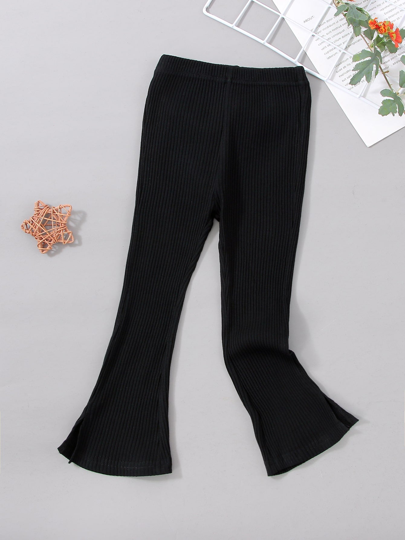 Kids Young Girl Fashionable & Casual Classic Elegant Sweetheart Comfortable Knit Ribbed Mesh Fabric Black Flared Pants,  & Versatile, Suitable For Spring, Summer, Autumn, Suitable For Daily Commute, School, Party & Home Occasions