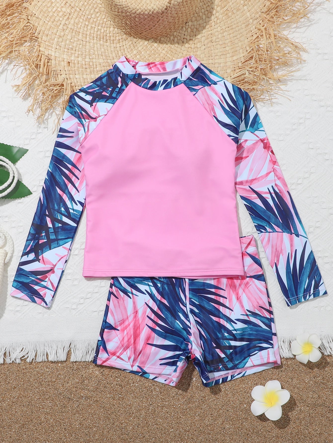 Tween Girl Plant Print High Neck Shorts Rashguard Summer Beach