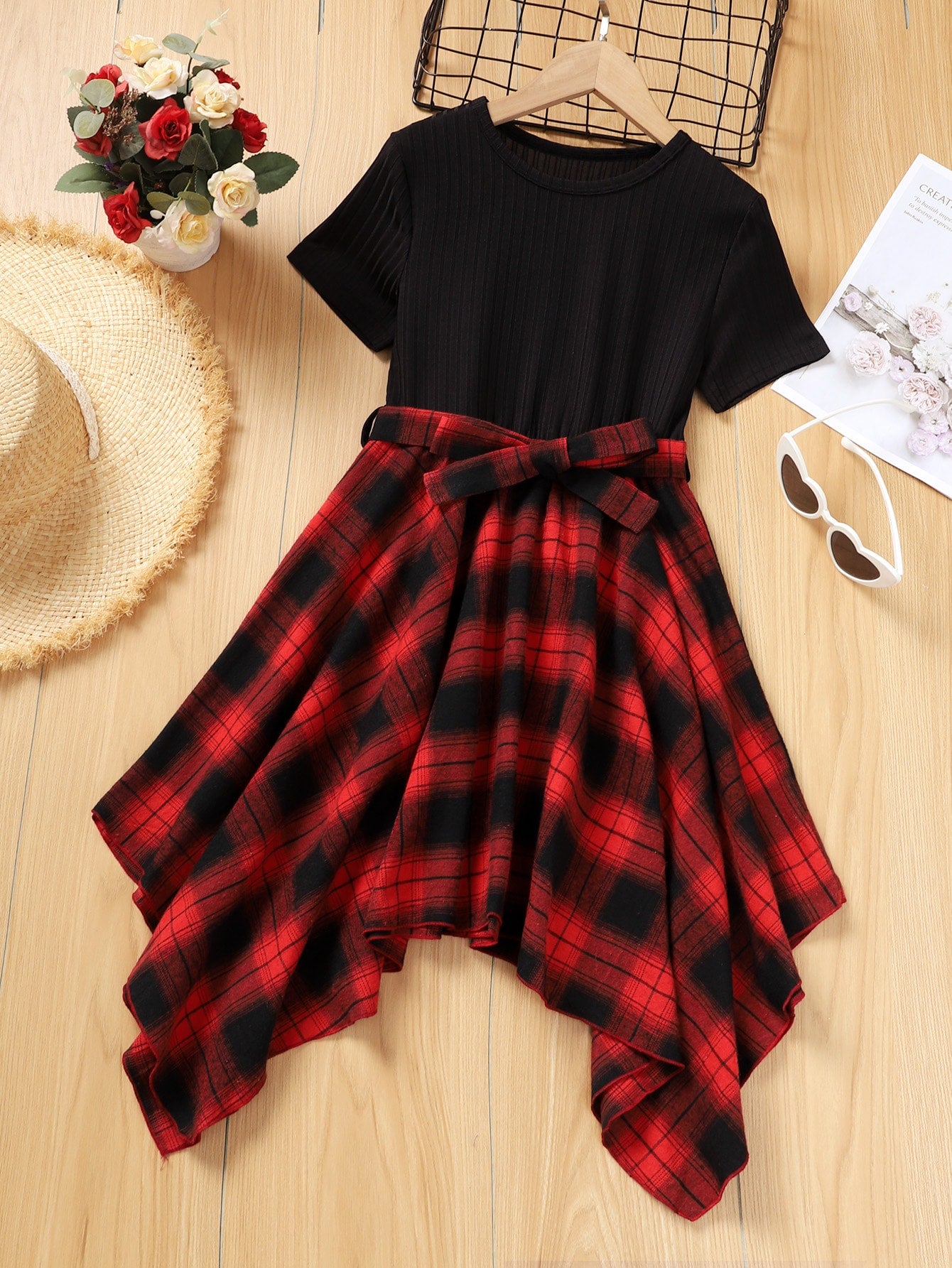 Tween Girl Plaid Asymmetrical Hem Belted Dress