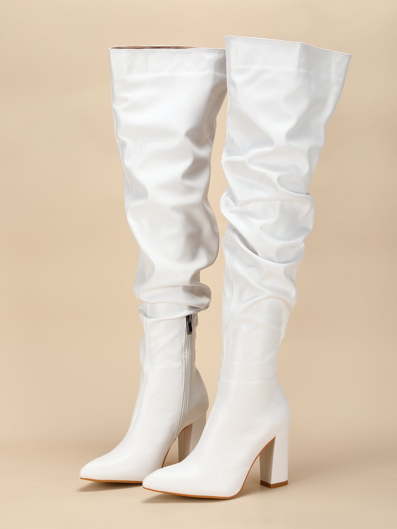 Pointed Toe Side Zipper Chunky High Heel Ruched Boots