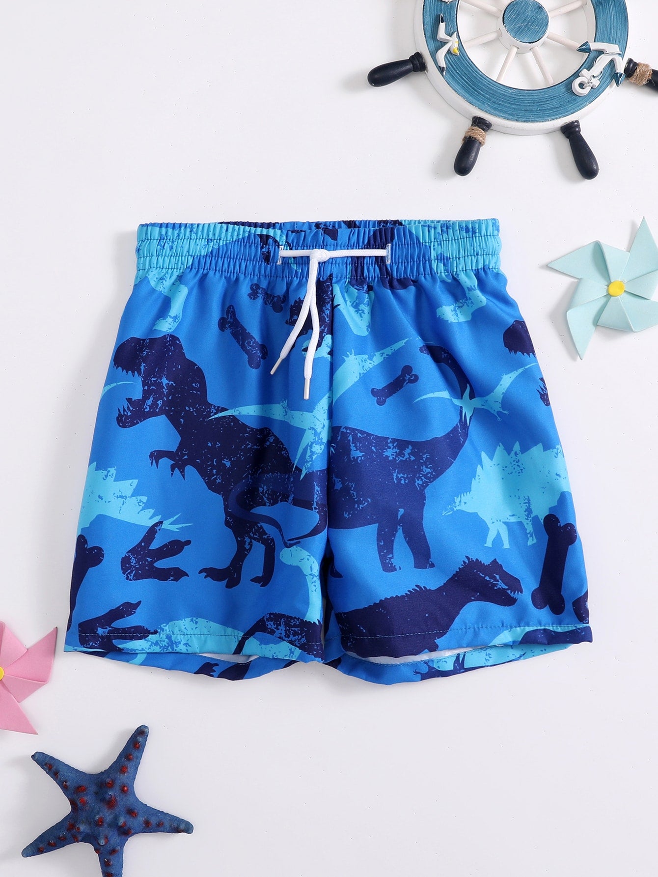 Young Boy Drawstring Waist Dinosaur Printed Swim Trunks Beach Shorts