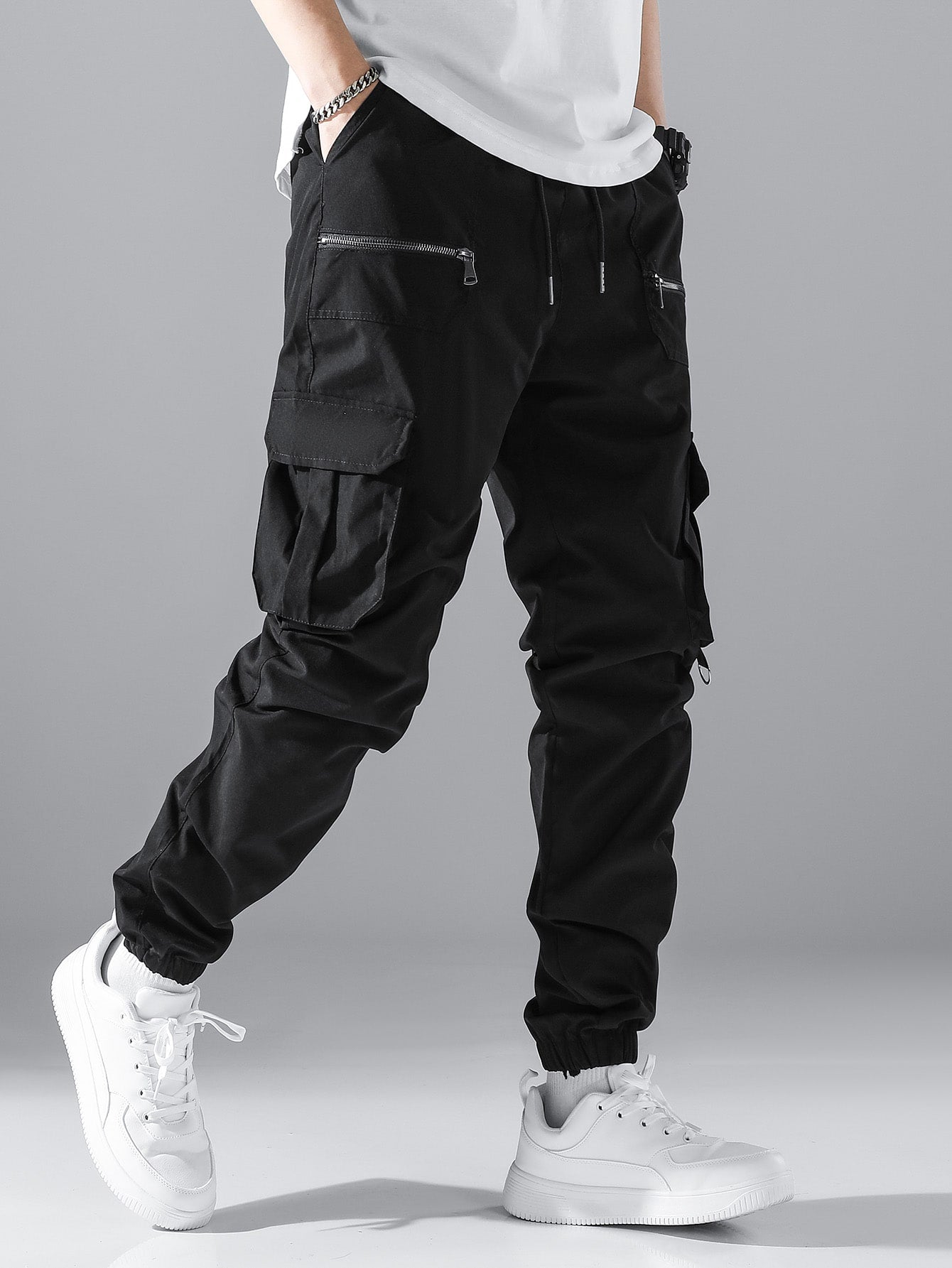 Loose Fit Men's Cargo Trousers With Flap Pocket Design Side Drawstring Waist Long Plain Black Going Out