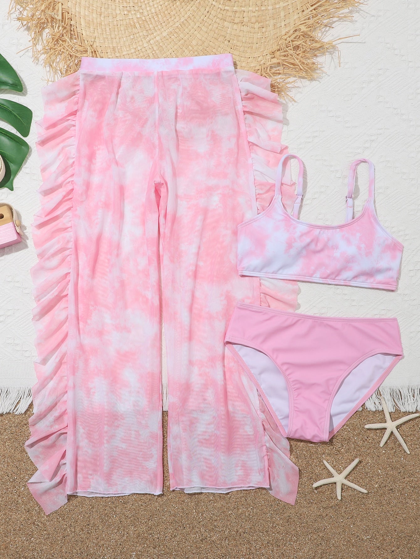 Tween Girl 3packs Tie Dye Bikini Set & Cover Up Pants Summer Beach