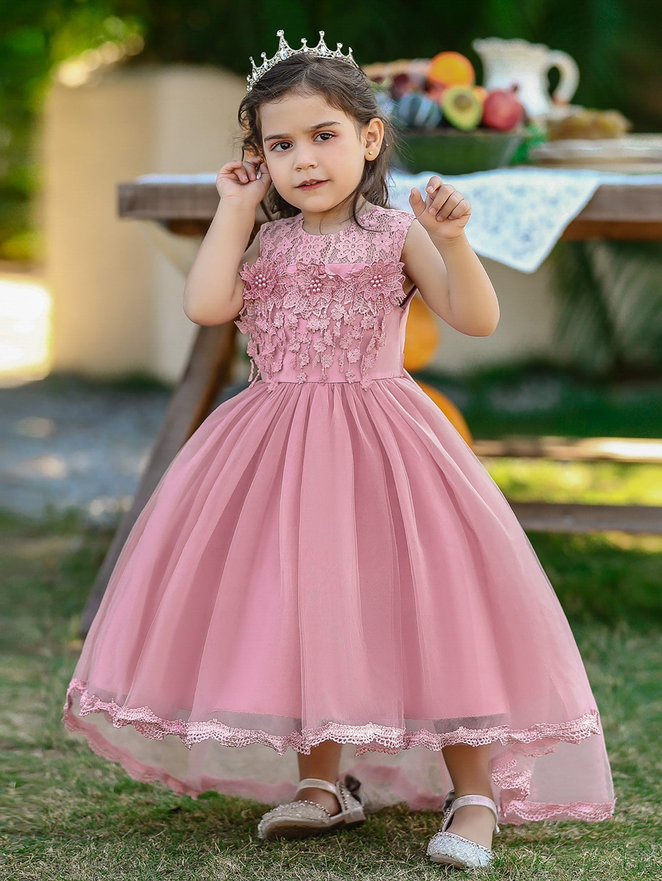 Young Girl Formal Dress With Solid Color Lace Tulle Satin Party Dress, Elegant And Gorgeous, Suitable For School Performances And Fashion Shows, Hair Accessories Not Included