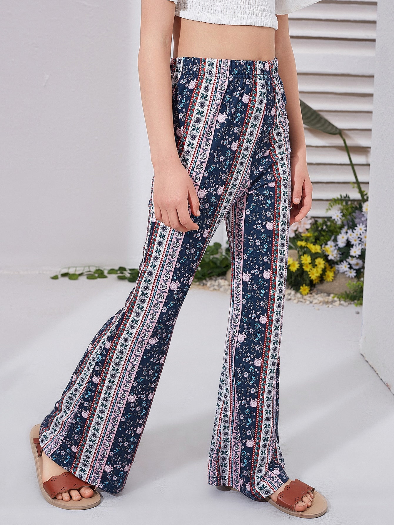 Tween Girl Floral High Waist Flare Leg Pants