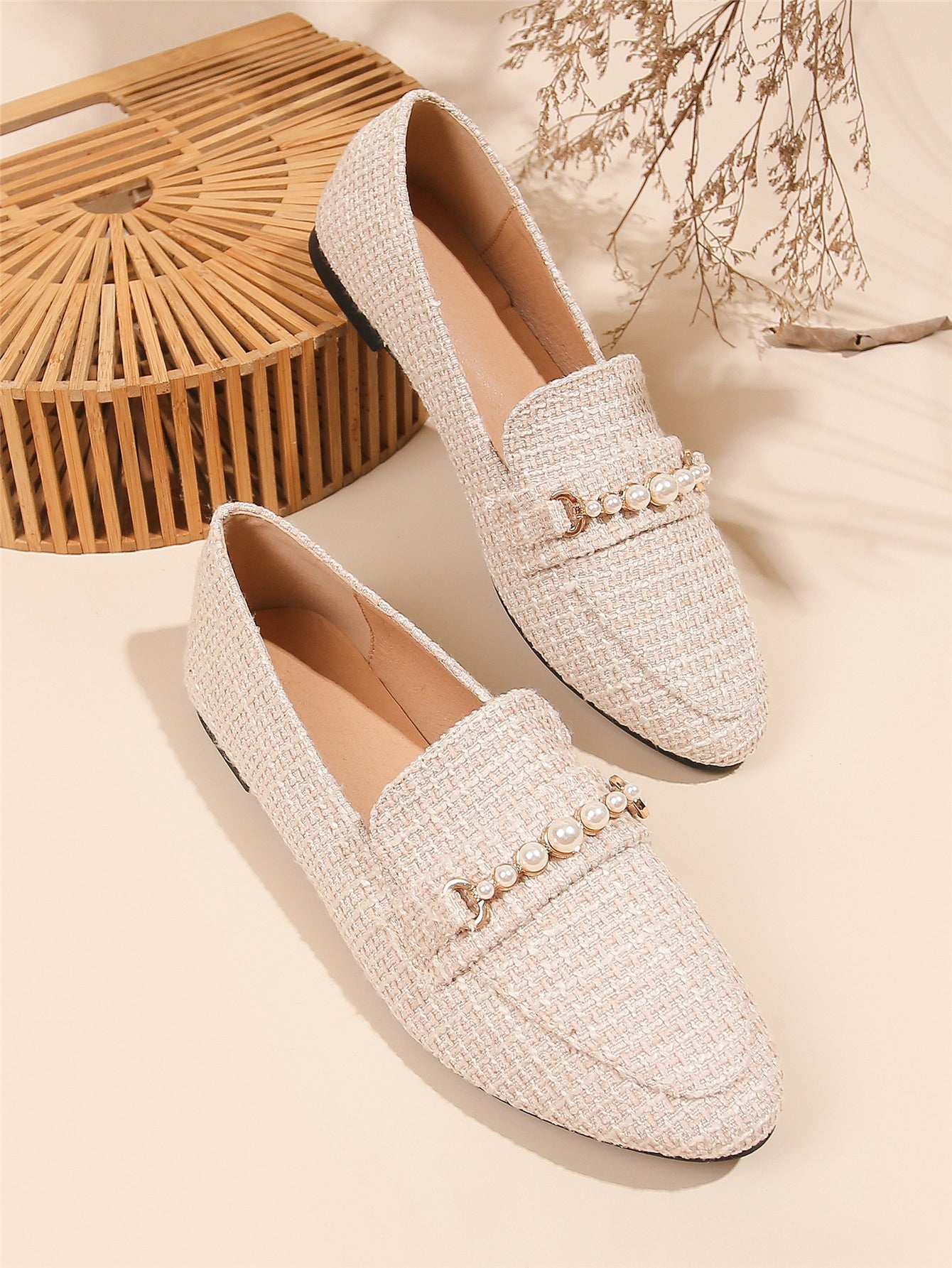 Faux Pearl Decor Flat Loafers, Fashionable Beige Pearl Solid Color Women's Flat Shoes