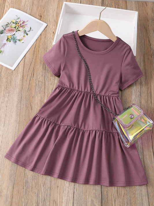 Young Girl Round Neck Solid Color Ruffle Hem Summer Casual Dress, Fashionable And Comfortable For Spring And Summer Wear