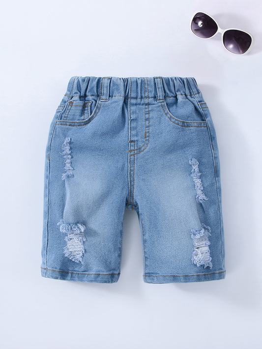 Young Boy Daily Vintage  Boho Street Casual Destroy Roll Up Hem Elastic Waist Stretchy Denim Shorts