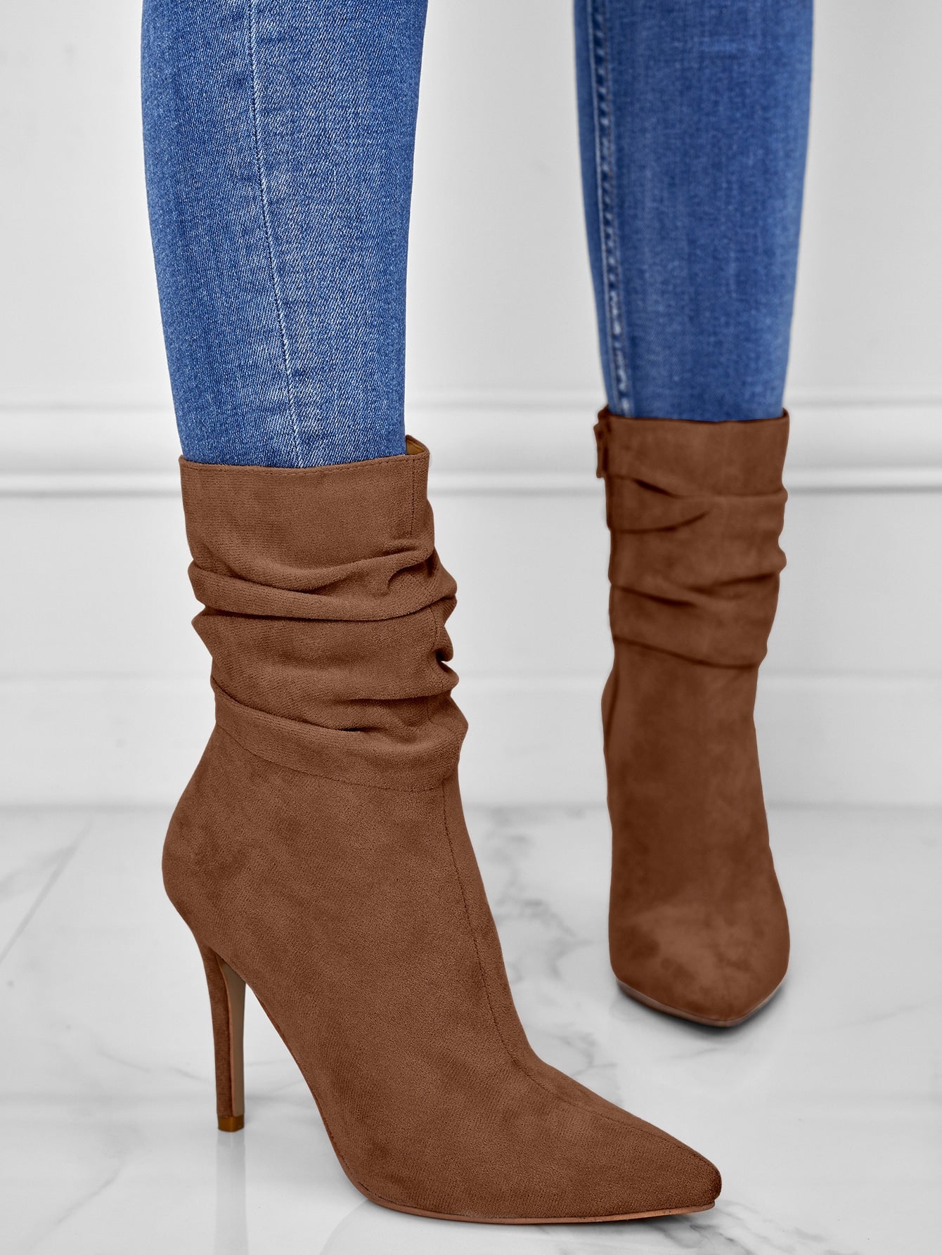 Brown Solid Color Pleated Suede Leather Slip-on Stiletto Casual Boots