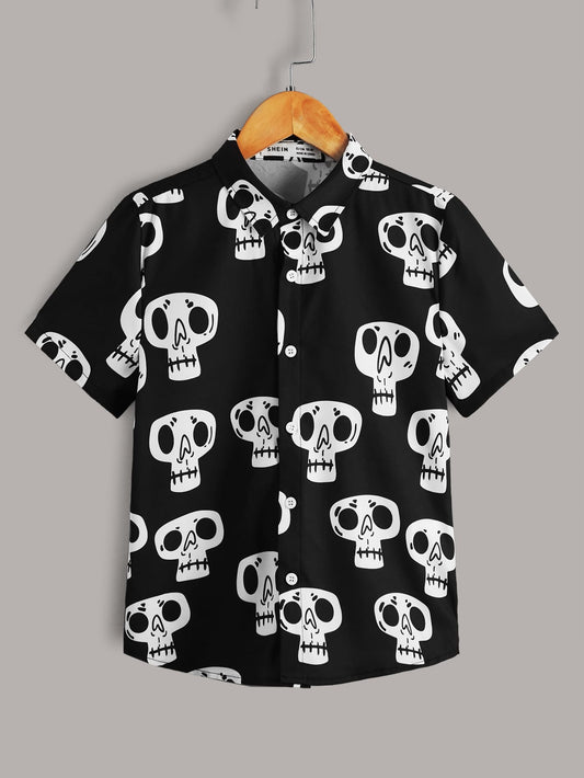 Tween Boy Skull Printed Single-Breasted Fashion Shirt