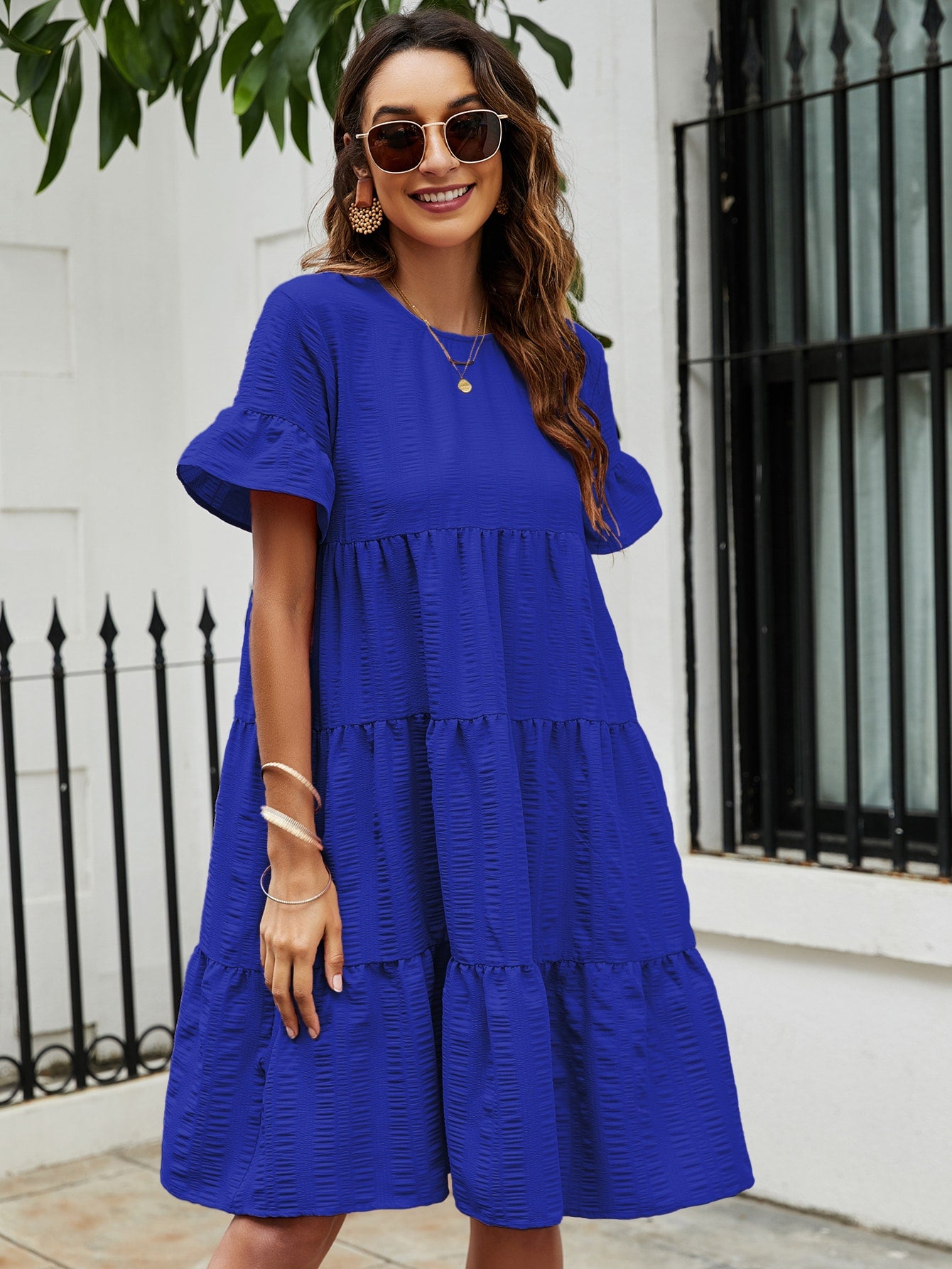 Flare Sleeve Ruffle Hem Smock Dress