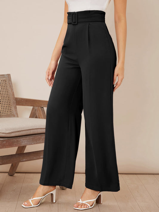 Women Commuting Solid High Waist Belted Wide Leg Pants