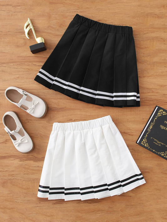 Tween Girl 2pcs Contrast Tape Pleated Skirt