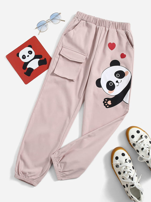 Tween Girl Cartoon Panda Print Flap Pocket Pants