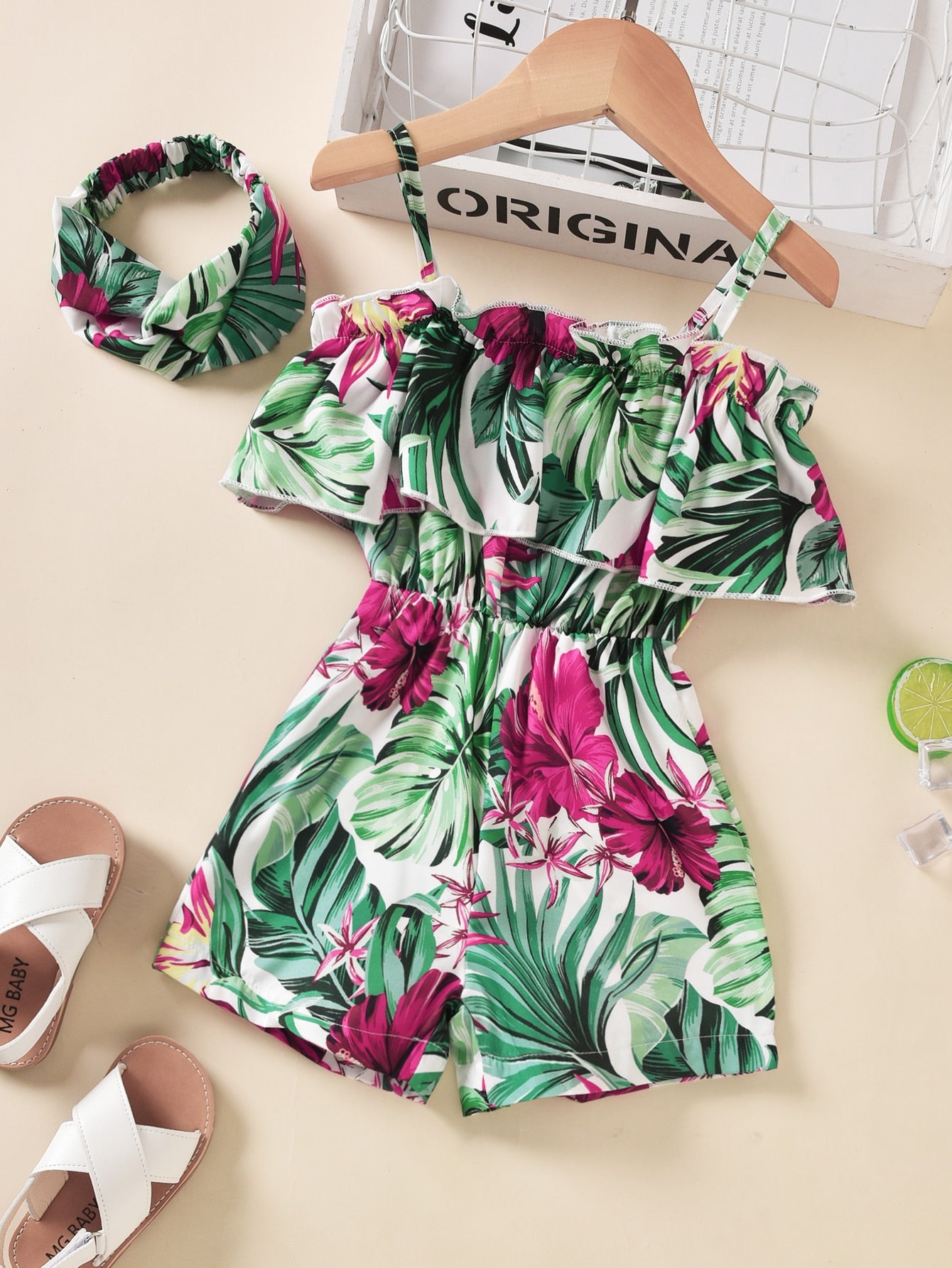 Young Girl Tropical Print Cold Shoulder Romper With Headband