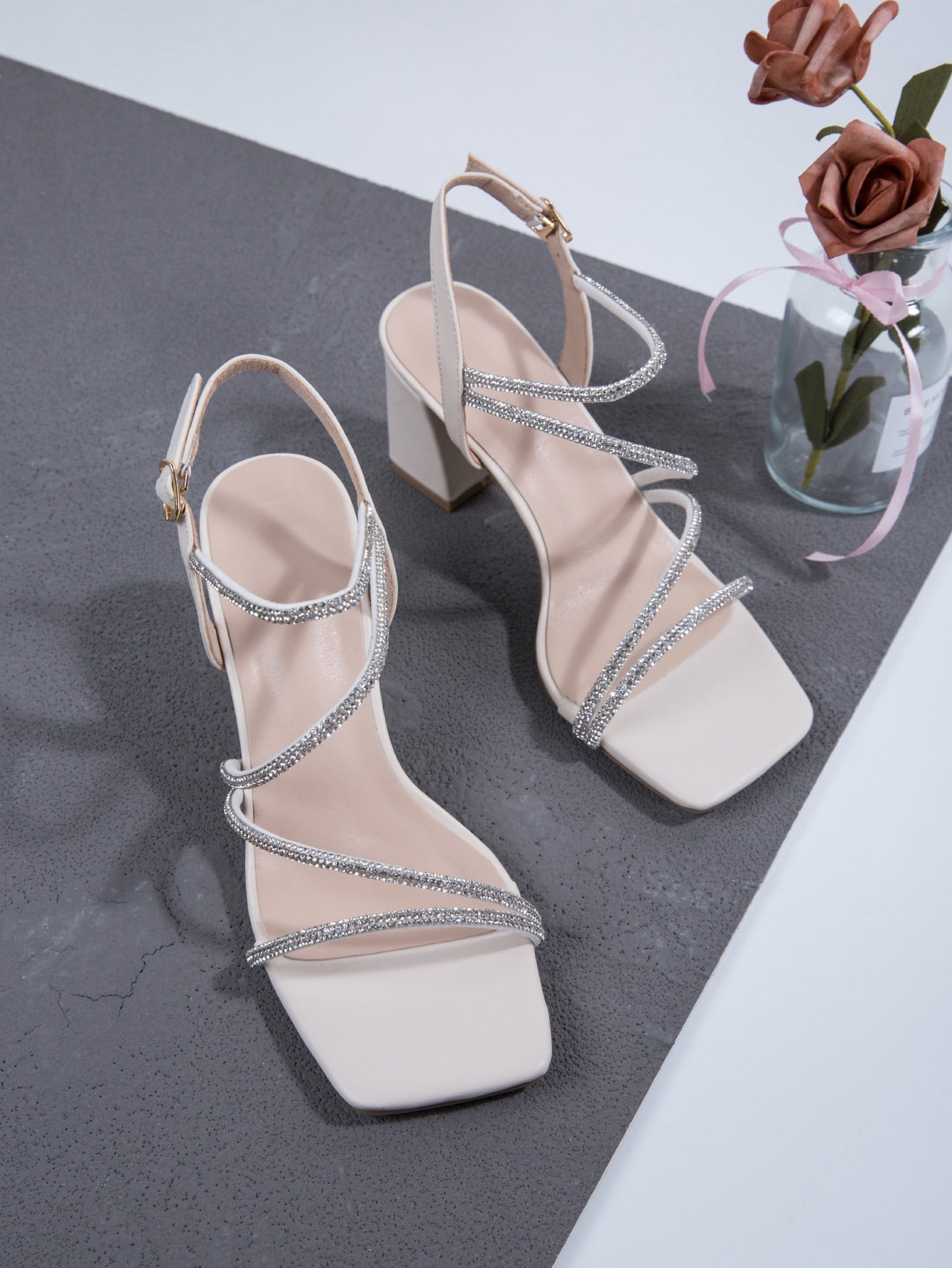 Women Rhinestone & Buckle Decor Chunky Heeled Ankle Strap Sandals, Glamorous Beige Party Heeled Sandals