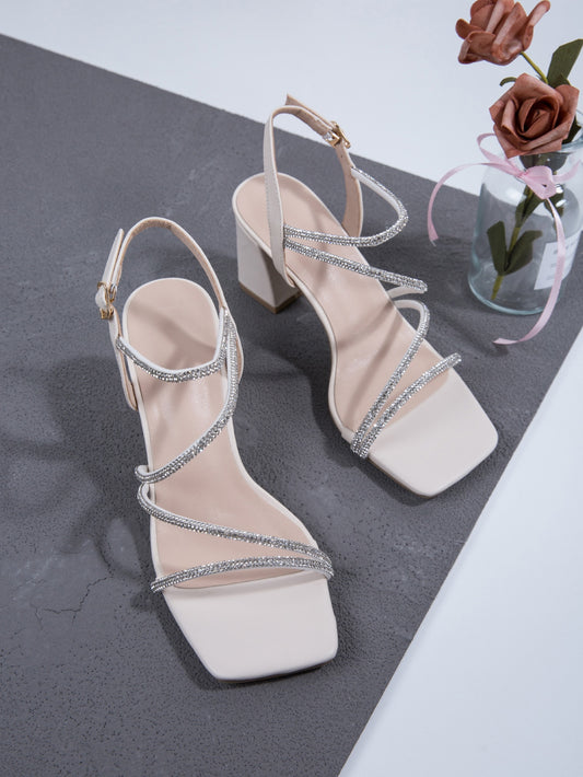 Women Rhinestone & Buckle Decor Chunky Heeled Ankle Strap Sandals, Glamorous Beige Party Heeled Sandals