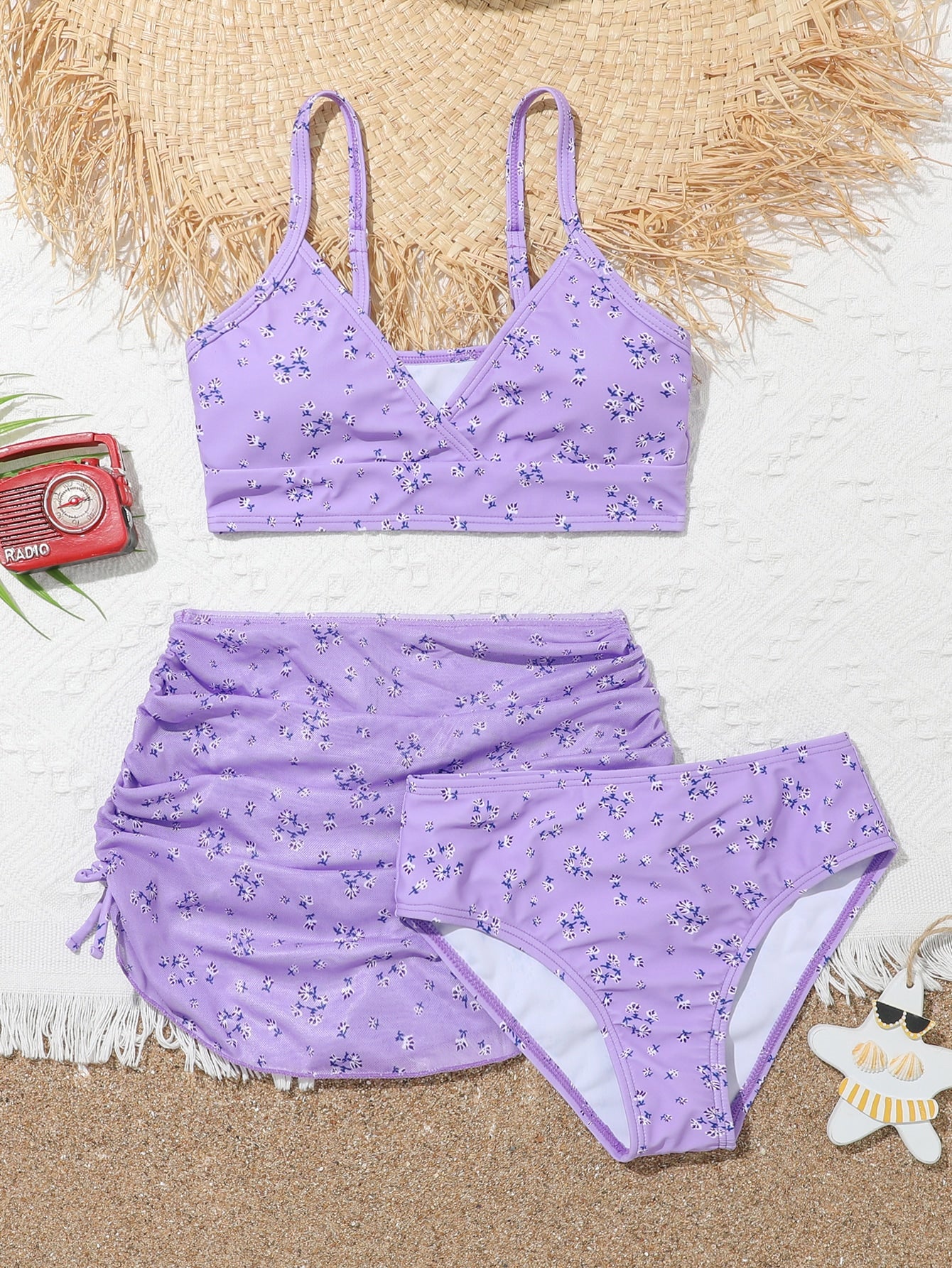 Tween Girl Cute 3pcs Purple Ditsy Floral Bikini Set(Random Print) With Cover Up Skirt, Bathing Suit Beach Outfit Summer Vacation Summer Beach