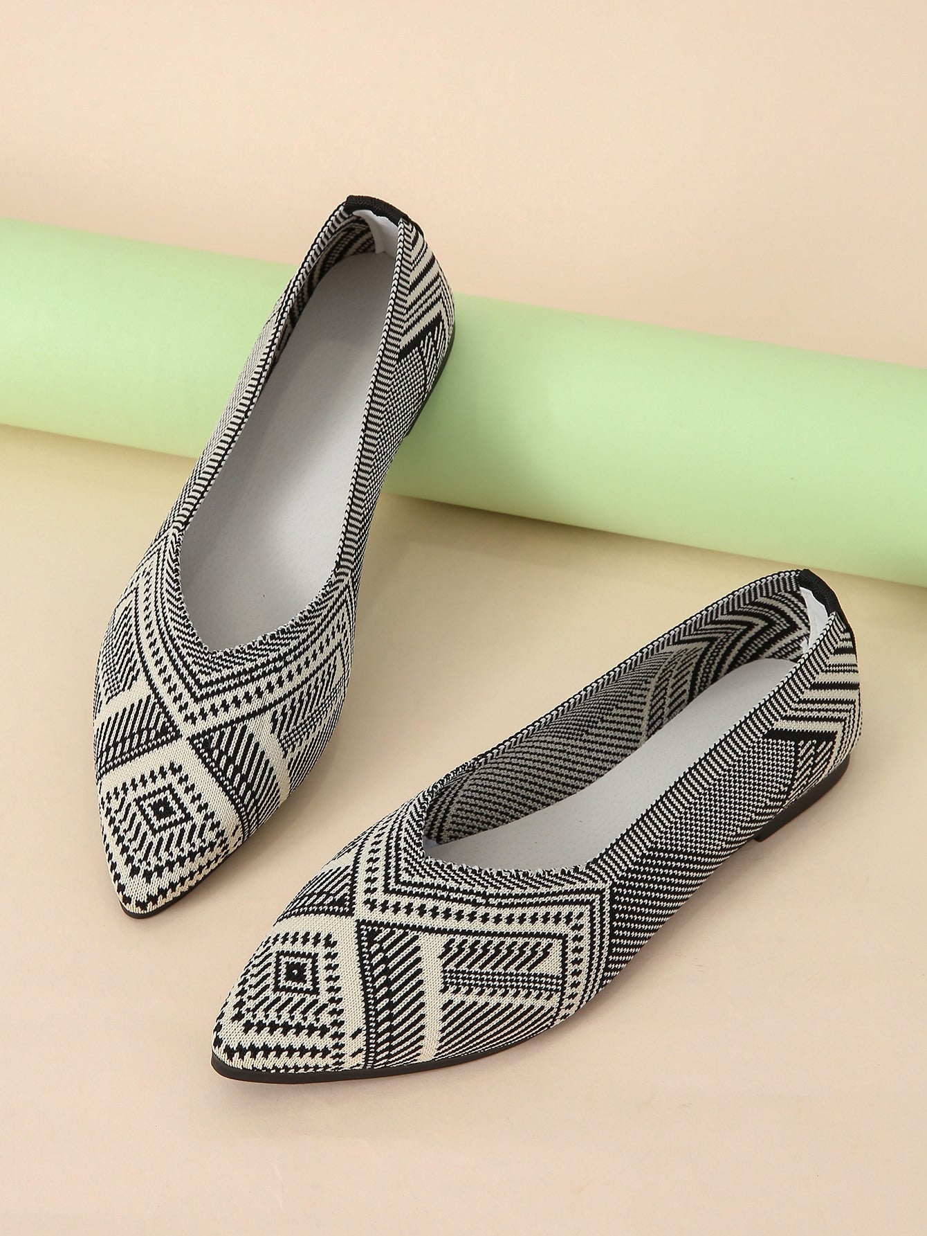 Geometric Pattern Two Tone Point Toe Ballet Flats, Black And White Elegant Geometric Pattern Ballet Shoes