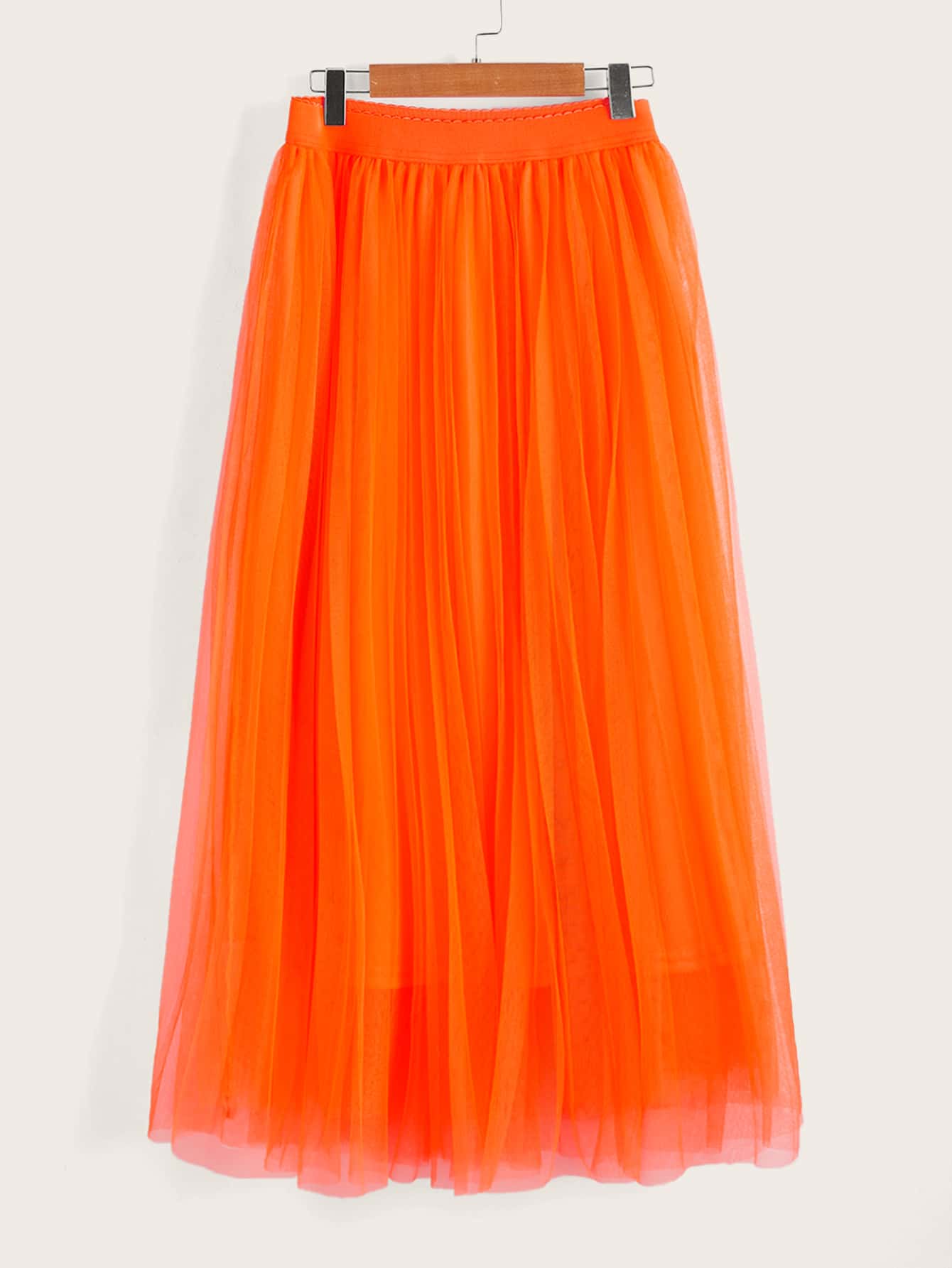 Mulvari Neon Orange Wide Waist Pleated Mesh Skirt