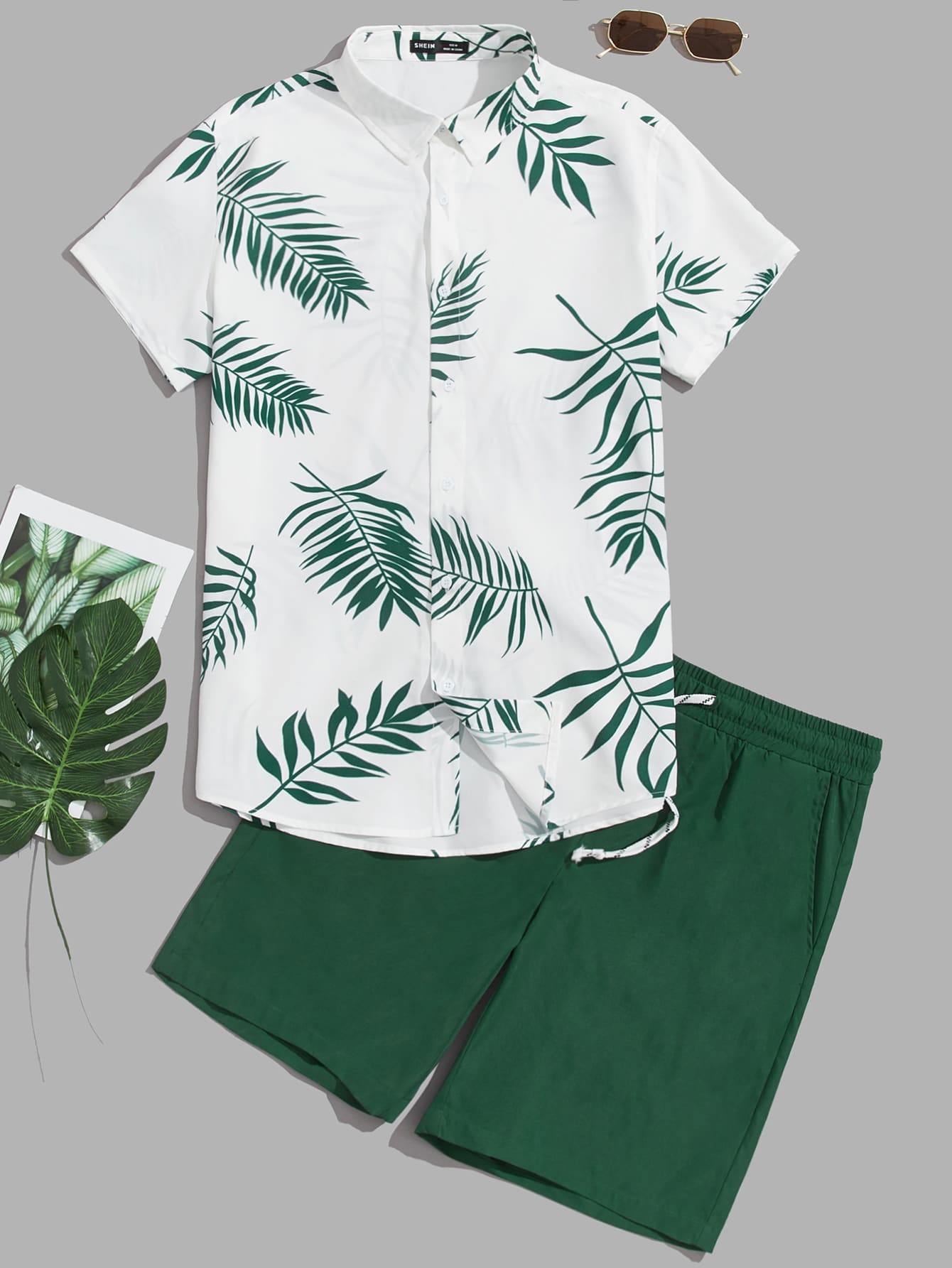 Men Tropical Print Shirt & Drawstring Waist Shorts Set