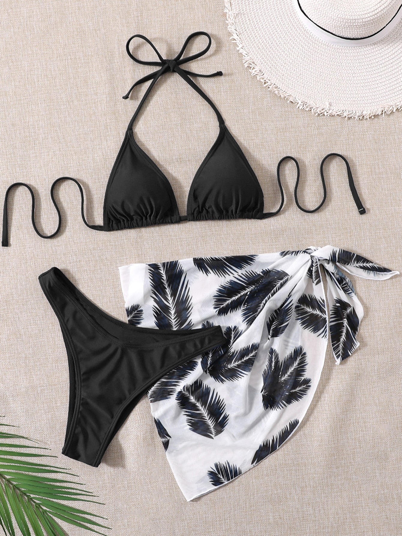 Swim Summer Beach Leaf Print Bikini Set Halter Triangle Bra & High Cut Bottom & Cover Up Skirt 3 Piece Bathing