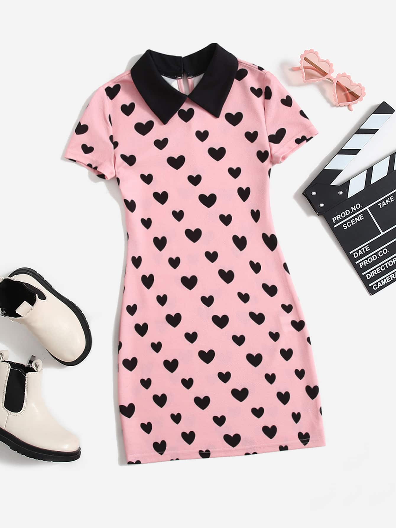 Tween Girl Heart Print Contrast Collar Dress