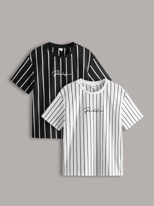 Tween Boys Extended Size Casual Loose Fit Short Sleeve Striped T-Shirt With Printed Design, Pack Of 2 (1 Of Each Color)