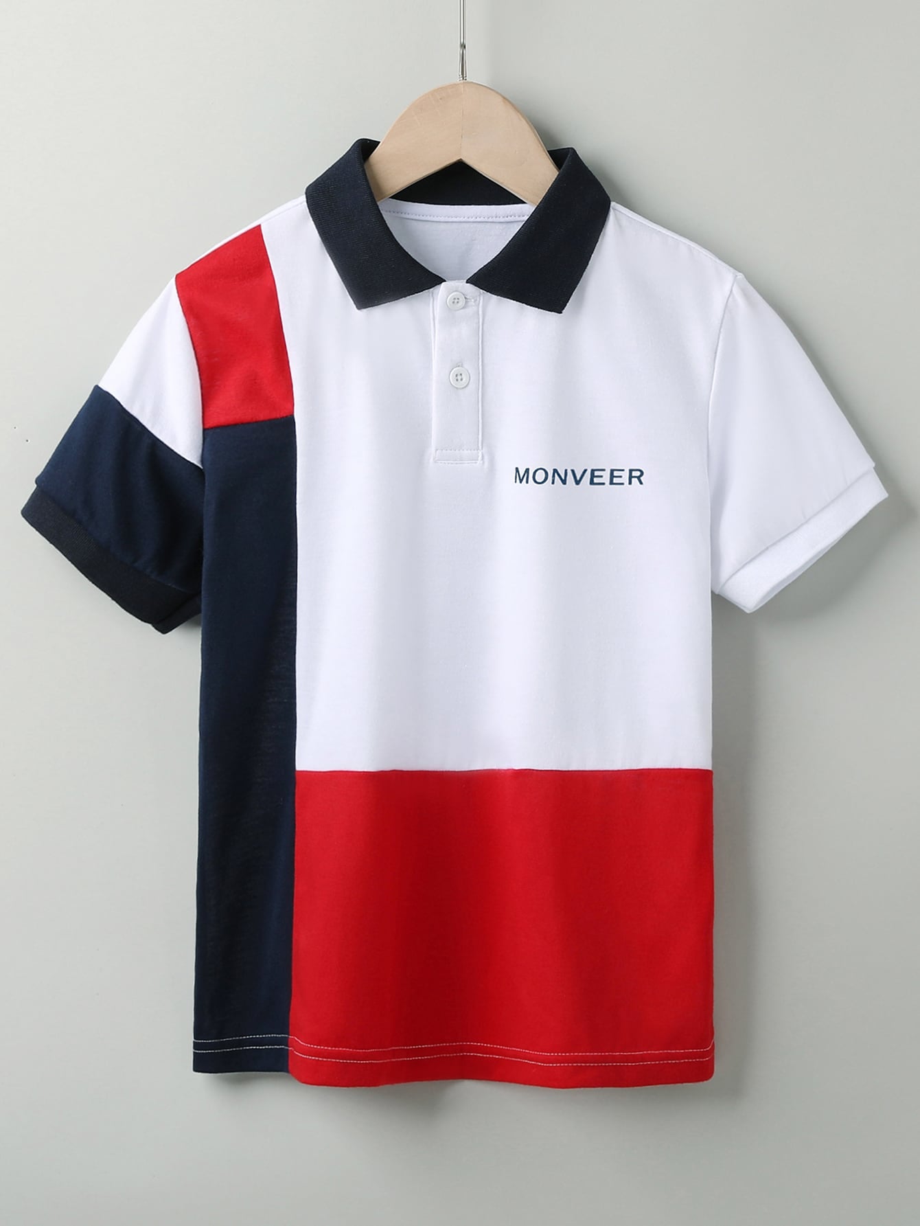 Tween Boy Polo Shirt With Blue And White Patchwork, Fashionable Turn-Down Collar And Printed Short Sleeves